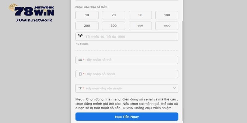 Hãy chọn phương thức nạp tiền 78win mà bạn muốn sử dụng